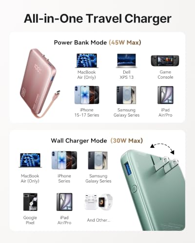 Image of INIU Portable Charger, Ultra Slim 45W Fast Charging Power Bank with Built-in AC Wall Plug, 10000mAh GaN 3-in-1 Battery Pack for Flight-Safe Travel, for iPhone 17 16, Samsung S26, iPad etc, Green