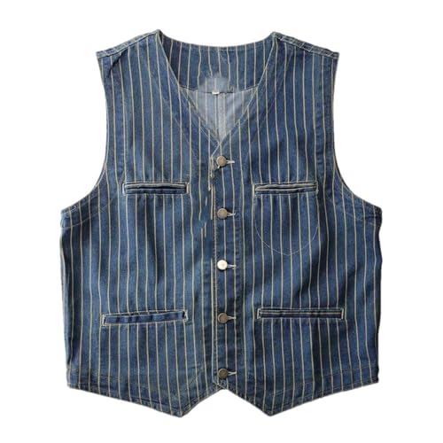 Men Retro Denim Vest Washed Cotton Vertical Striped Distressed Back Camisole Vintage