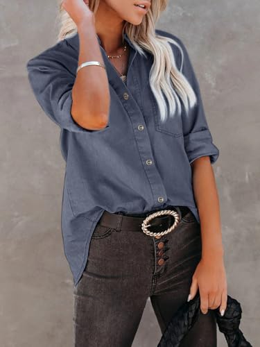 Women's Denim Button Down Shirt with Pockets Chambray Cotton Button Up Tunics Long Sleeve Solid High Low Blouse Tops3
