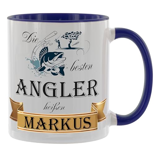 Crealuxe Kaffeetasse 'Die besten Angler heißen... Wunschname' personalisiert, Spruchtasse, hochwertige Keramiktasse (Blau)