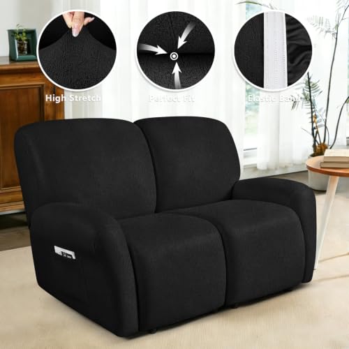 Image of ANARACHON Leather Look Loveseat Recliner Covers Stay in Place 6-Piece Recliner Sofa Slipcover 2 Seater Reclining Couch Cover Furniture Protector Spandex Fabric Washable (Recliner Loveseat,256Black)