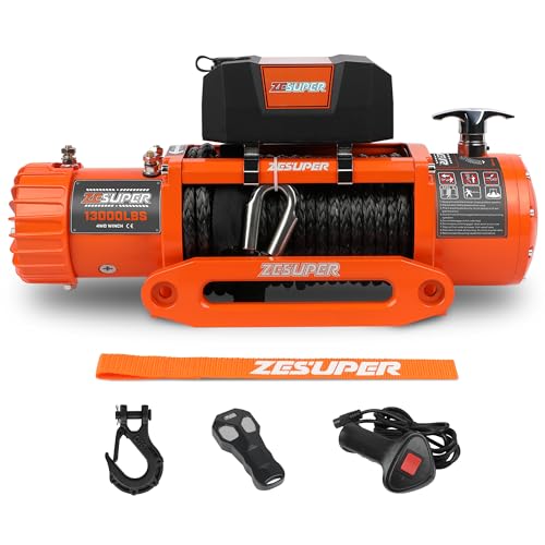 ZESUPER 13000 lbs Electric Winch Kit, IP68 Waterproof 12V Winch for Jeeps,Trucks,SUV, Synthetic Rope Winch with Wireless Handheld Remote, Corded Control, Hawse Fairlead,Hook
