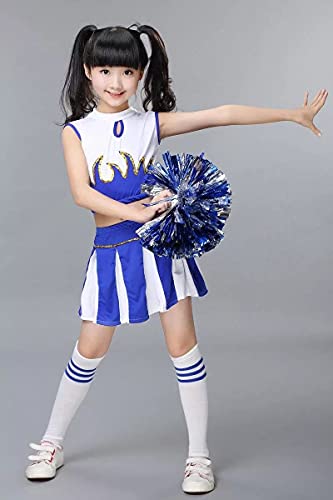 Lolanta Little Girls Cheerleader Costume Crop Tank Pleated Skirt Set Cheer Outfit With Pom Pom(Blue, 5-6) #TOP5