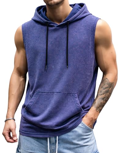 JMIERR Mens 2026 Vintage Washed Sleeveless Hoodie Tank Top Cotton Muscle Workout Gym Streetwear Shirt Blue
