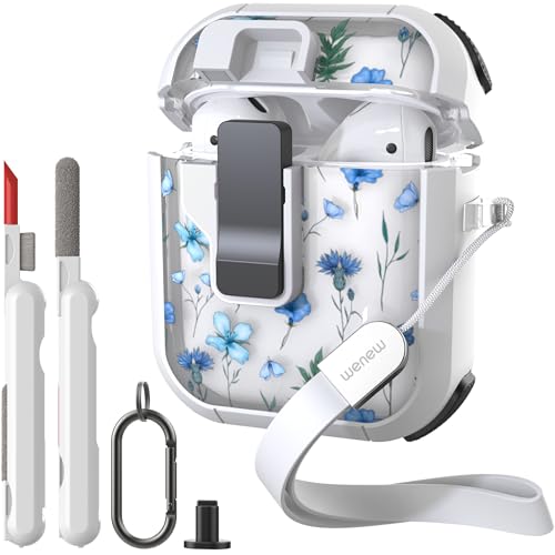 Image of WENEW Case for AirPods 1 & 2 Case Cover Secure Lock Automatic Snap Switch Clip Cleaner Kit Lanyard Women Stylish Flower Armour Hard Shell Full Body (Blue, AirPods 1st & 2nd)
