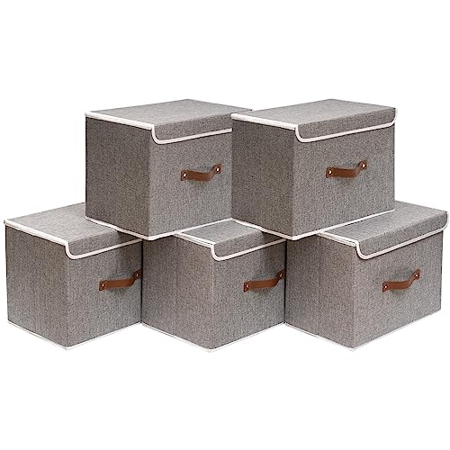 OUTBROS Collapsible Storage Box with Lid, Linen Fabric Clothing Shelf Basket Bins Box For Towels,Clothes 33x23x20 cm (Grey, 5-Pack)