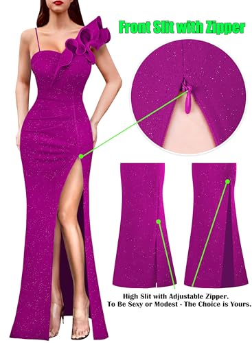 Image of VFSHOW Womens Ruffle One Shoulder Strap Ruched Formal Prom Wedding Maxi Dress V Neck Elegant Split Cocktail Evening Long Gown