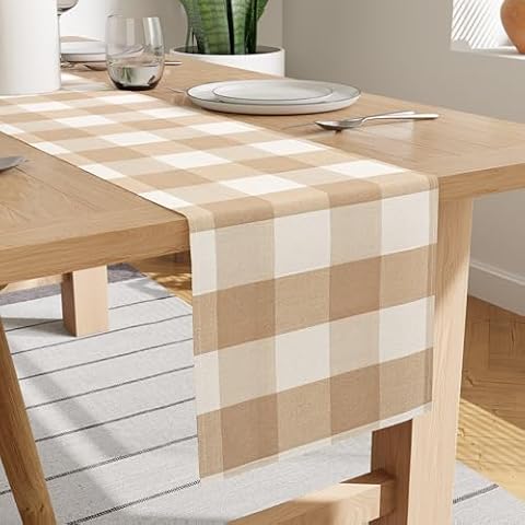 Encasa Cotton Table Runner - Beige & White Cover