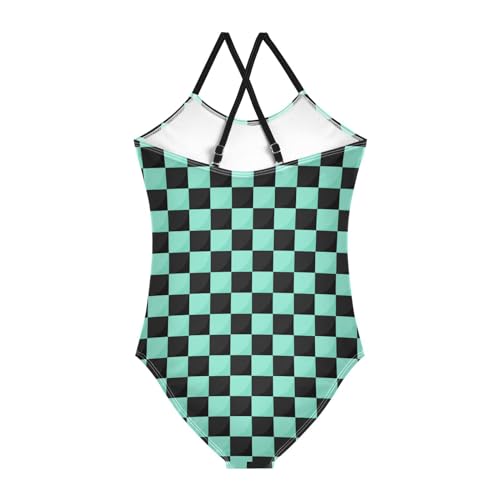Checkerboard Girls One Piece Swimsuits Light Green Black Sport Halter Swimwear Beach Bathing Suit 9-10T2