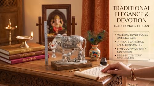 Image of KridayKraft Kamdhenu Cow & Calf with Bal Gopal Krishna Metal Statue Vastu Idol for Good Luck, Wealth & Prosperity, Feng Shui Showpiece for Home, Office & Housewarming Gift (Silver)