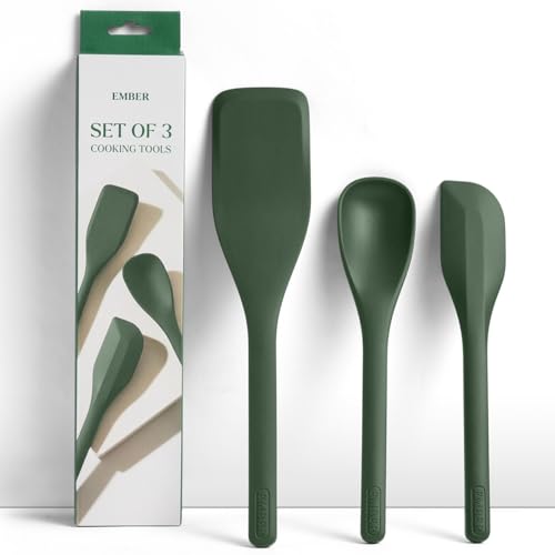 Image of Ember Cookware Silicone Spatula Set of 3 - Stir, Flip & Scraper | Platinum Grade Food Safe | Heat Resistant Up to 230C | Seamless Unibody Design | Green