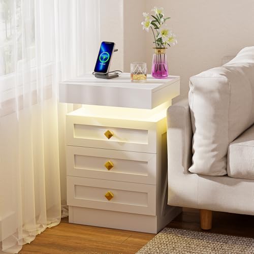 Ztexkee Table de Chevet avec Prise et Bande Lumineuse LED, Table de Chevet Style rétro Table...