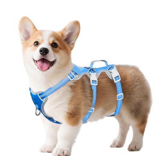 Image of Huntboo Escape Proof Dog Harness, Escape Artist Harness, Reflective Harness with Padded Handle, Breathable, Durable, Adjustable Vest for Medium Dogs Walking, Training, and Running Gear (Blue, S)
