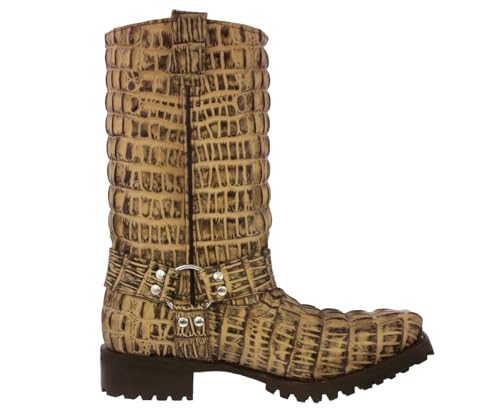 Cowboy Professional Mens Rustic Sand Leather Motorcycle Boots Crocodile Tail Print Square Toe2
