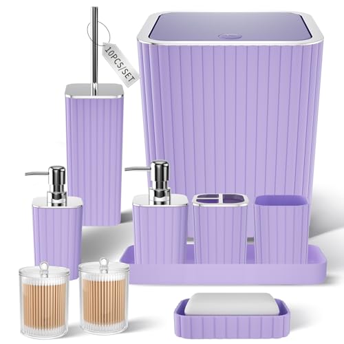 XLHOMO Ensemble d'accessoires de Salle de Bain – Magnifique Ensemble d'accessoires de Salle de Bain Violet, 10 pièces, Brosse WC, Poubelle et Distributeur de Savon