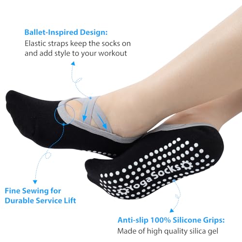 Queenshin Women's Yoga Socks with Non-Slip Grips & Straps Best for Pilates Ballet Dance Hospital Anti-Skid Socks 3 Pairs2
