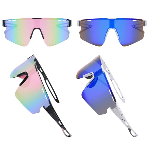 BDSHUNBF 2 Gafas Polarizadas para Bicicleta, Gafas Ciclismo Hombre, Gafas de Sol Deportivas, Gafas de Bicicleta Cortaviento, Gafas de Ciclismopara Hombre Mujer, Protección UV400, Rosa, Azul