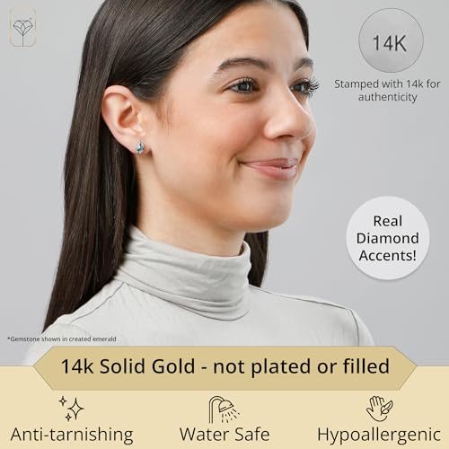 14k Yellow or White Gold Oval Gemstone Stud Earrings for Women with Genuine Diamond Accent Shell and Push Backs with Birthstones by MAX + STONE2