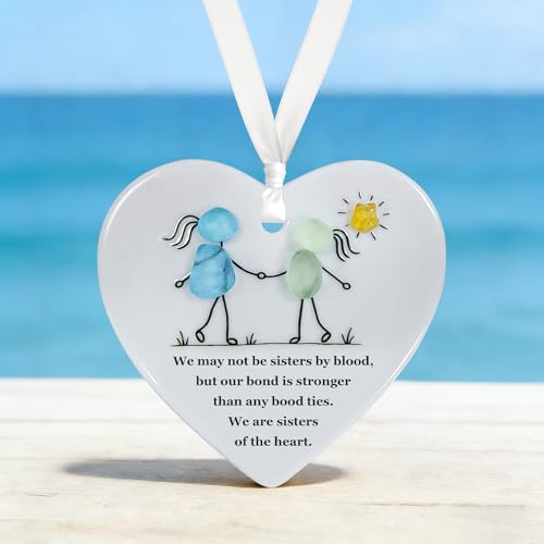Heart-Shaped Sea Glass Art Friendship Ornament Decor,Ceramic Keepsake Pendant Birthday Valentine's Day Gifts for Friends Women Coworker Sisters (3)