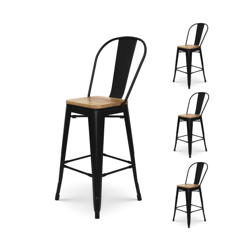 Kosmi - Lot de 4 tabourets de Bar Style Industriel en Métal Noir Mat avec Dossier Haut et Assise en Bois Clair - Hauteur d'Assise 66 cm
