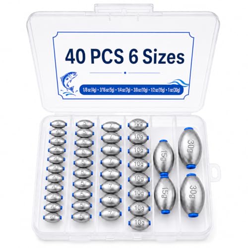SANWEAL Egg Sinkers Fishing Weights 40PCS 6 Sizes 1/8-1 oz Oval Slip Sinkers with Smooth Center Hole for Carolina Rig Catfish Bass Freshwater Saltwater Bottom Fishing