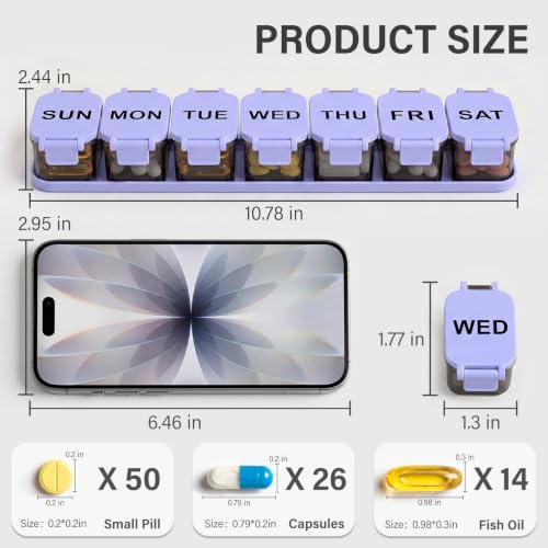 Image of Yaklim Extra Large Weekly Pill Organizer - Waterproof 7-Day Pill Box, Portable Vitamin & Supplement Case, Easy to Open Design, Ideal for Travel and Daily Medication Management (BlackPurple, 2 Packs)