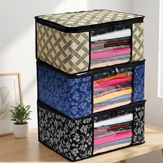 Image of Wardrobe Organizer Bags (Pack of 3) | Non-Woven Clothes Storage Bags with Strong Zipper, Foldable Dust-Proof Closet & Bedroom Storage, Multicolor