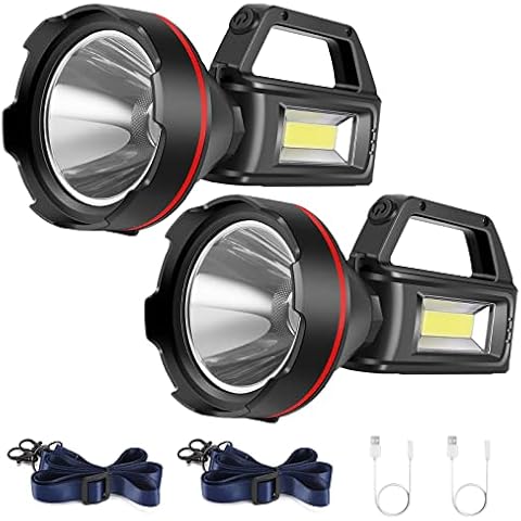 Rechargeable Spotlight Flashlight, High Lumens Handheld Spotlight,LED Searchlight with Shoulder Strap and USB Output for During Hurricane,Emergency, Storms,Hunting , Hiking, Camping(Black Pack of 2) Cover