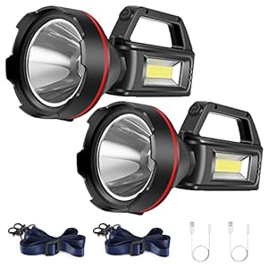 Rechargeable Spotlight Flashlight, High Lumens Handheld Spotlight,LED Searchlight with Shoulder Strap and USB Output for During Hurricane,Emergency, Storms,Hunting , Hiking, Camping(Black Pack of 2)