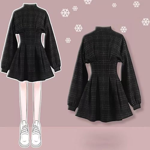 Gothic Plaid Dress Black Long-Sleeved Dress Dark Mini Black Dress Emo Dress3