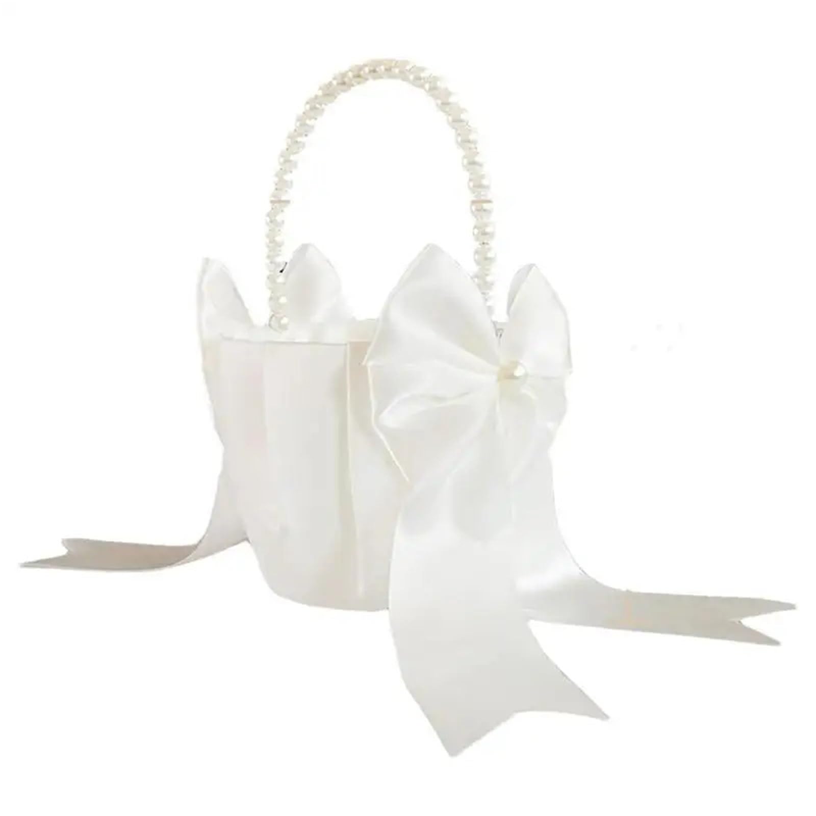 Wedding Petal Confetti Basket, White Flower Basket Satin Rustic Bowknot Pearl Wedding Foldable For Floral Petals