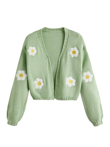 Image of MakeMeChic Women's 3D Floral Cardigan Sweaters Open Front Cropped Cute Cardigan Lantern Sleeve Outerwear Mint Green Medium