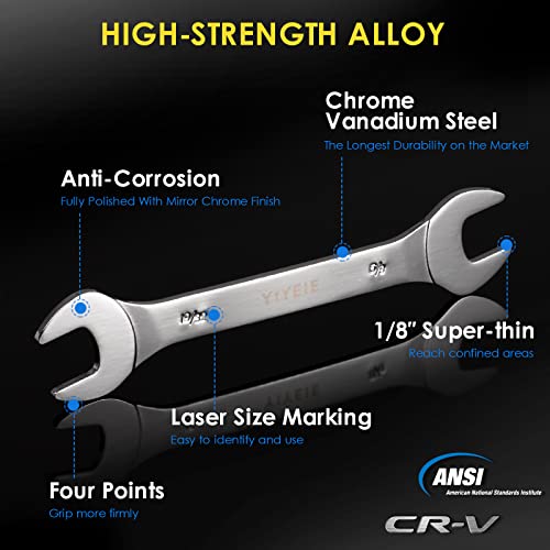 Yiyeie Super-Thin Open End Wrench Set, 9-Piece Sae, 1/4" To 1-1/16", Chrome Vanadium Steel With Mirror Polish, Ultra-Slim Wrench Set With Rolling Pouch #TOP3