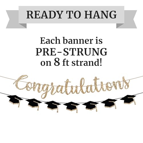 Image of Pre-Strung Congratulations Banner, Gold Glitter Grad Caps Graduation Banner