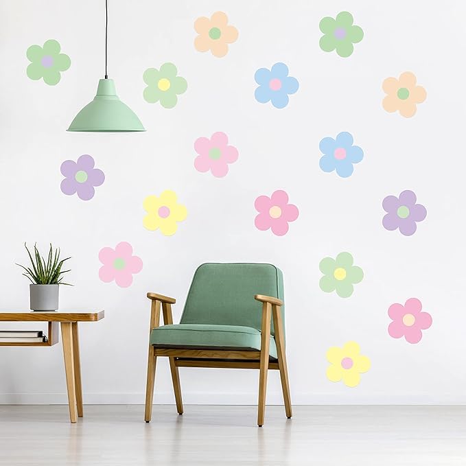 Stickera 36 Pcs Danish Pastel Aesthetic Cute Flowers Wall Decal Preppy Hippie Trendy Wall Art Decor Vinyl Peel and Stick Kidcore Aesthetic Retro Colorful Boho Wall Sticker for Bedroom