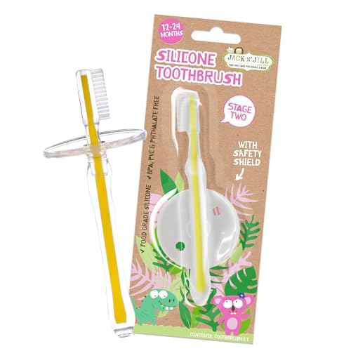 Jack N' Jill Stage 2 Silicone Toothbrush - Toddler Toothbrushes 1-2 Years Old, Gentle, Soft Silicone Bristles, Safety Shield Included - (Pack of 1)