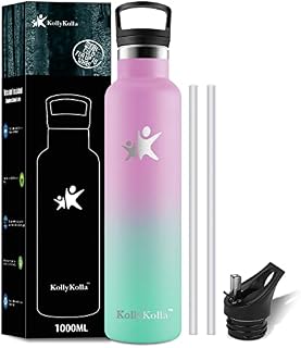 KollyKolla Stainless Steel Water Bottle 1 Litre, Vacuum Insulated Drinks Bottles with Straw, Leakproof Metal Flask, Bpa Free, Reusable, 12H Hot/24H Cold, Perfect for Kids, School, Sports, Gym, Home