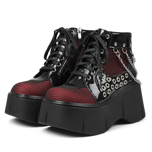 Women's Black Platform Boots Wedge Goth Round Toe Lace Up Chain Mesh Punk Combat Ankle Booties3