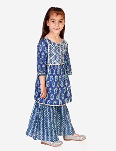 Superminis Girls Sanganeri Prints Frock Style Cotton Kurti With Full Length Sharara Set