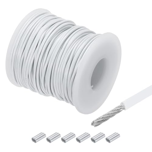 QUARKZMAN 30m Cable de Acero Inoxidable 304, 1.5mm OD Alambre Cuerda Carrete Kit con 6pcs Doble Orificio Aluminio Mangas PVC Recubierto para Cuerda Tendedero Suspensión Planta, Blanco