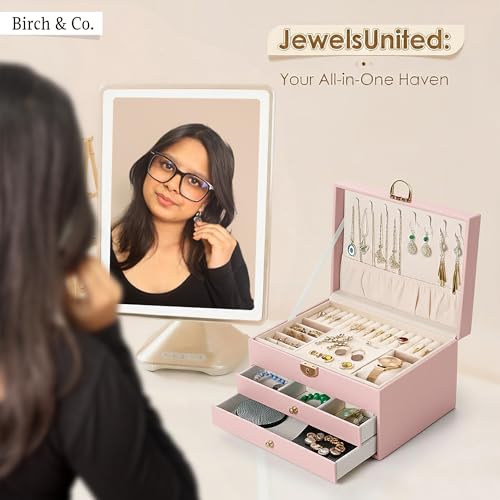 Image of Birch & Co. Jewellery Box - 3 Layer jwell organizer storage box, Portable Travel-Friendly Storage. Elegant Storage Case for Rings, Earrings, Necklaces & Bracelets, Pink
