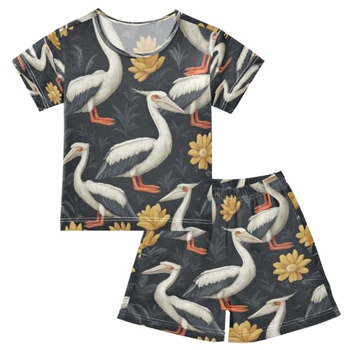 Pajama Sets Short Sleeve Elegant Bird Floral Design Soft Cotton Summer Sleepwear 2 Piece PJS Size 5-14T