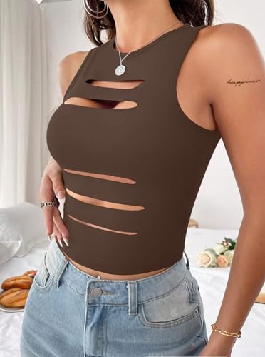 Image of LovelyWholesale Women Sexy Cut Out Crop Tank Tops Crew Neck Summer Sleeveless Top