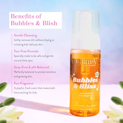 Image of Whimsy Beauty Foaming Body Wash for Girls & Kids | Gentle Tear-Free Cleanser with Aloe Vera & Orange Extract | Safe for Sensitive Skin | Fun Scent | 4 to 16 Years | Organic, Natural Formula | Sulfate & Paraben Free | Dermatologist Tested