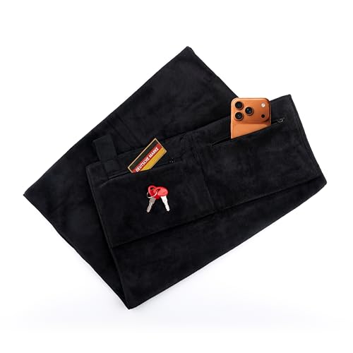 Asbirg Fitness Mikrofaser Handtuch - mit Magnet & 2 Reißverschlusstaschen | schnelltrocknend & leicht | 100x50 cm | Schwarz