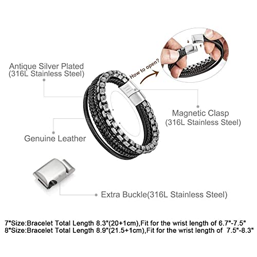 Murtoo Mens Bracelet Leather And Steel, Stainless Steel Chain And Leather Bracelets For Men (Black-Silver, 8.00") #TOP1