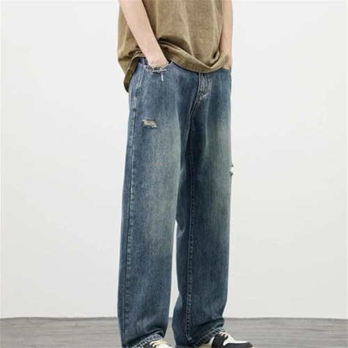 Men's Y2K Distressed Baggy Jeans Korean Style Straight Fit Ripped Frayed Vintage Denim Trousers3