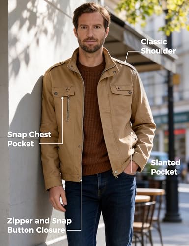 Image of Wantdo Men's Cotton Lightweight Military Jacket Casual Windbreaker | Stand Collar,5 Pockets,Windproof,Snap Cuffs,Spring Fall Daily Commute Work Outdoor Wear,Regular Fit,Versatile Outerwear