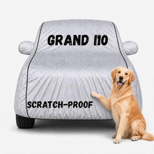 Image of Waterproof Car Cover for Grand i10 | Soft Cotton Lining Heavy Duty Triple Stitched Heat Resistant Outdoor Cover Comes with Mirror and Antenna Pocket Full Bottom Elastic (Zig Zag Silver)