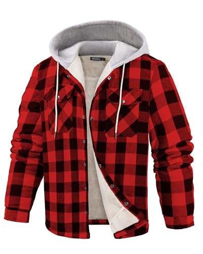WULFUL Men's Flannel Plaid Shirts Jacket Fleece Lined Winter Shirts Soft Warm Coat with Hood for Men